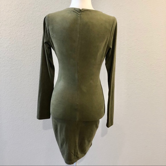 Solemio asymmetrical hem faux suede olive green long sleeve bodycon v-neck dress - Picture 10 of 13